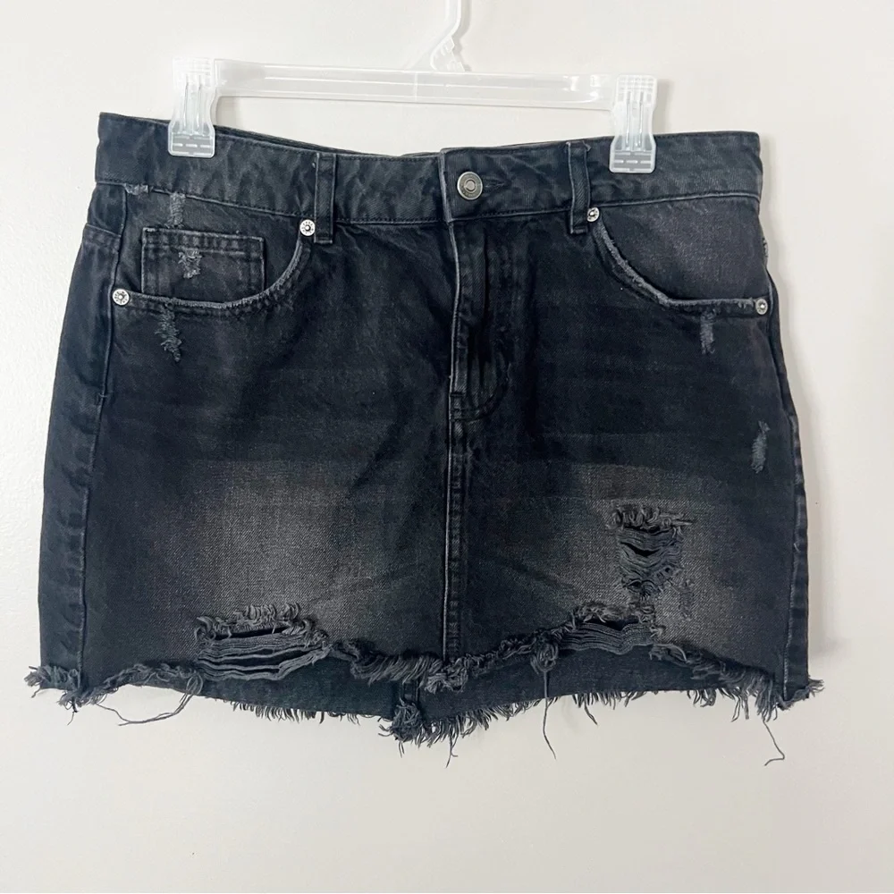 We The Free People Black Denim Mini Skirt Ripped Distressed 12 Festival Boho